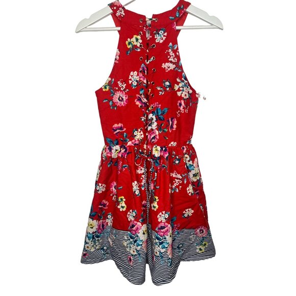 Trixxi Red Floral Fit & Flare Mini Sundress M Boho Stripe Hem Summer Casual - Picture 2 of 14